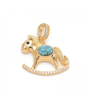 CZ Horse Pendant 18mm with turquoise, 18K gold plated
