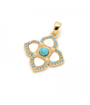 Подвеска Орнамент Клевер 18мм с бирюзой и перламутром, позолота 18К