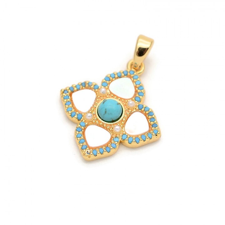 Подвеска Орнамент Клевер 18мм с бирюзой и перламутром, позолота 18К