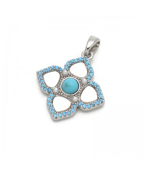 Подвеска Орнамент Клевер 18мм с бирюзой и перламутром, родиевое покрытие