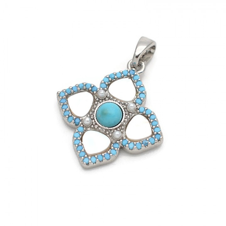 Подвеска Орнамент Клевер 18мм с бирюзой и перламутром, родиевое покрытие