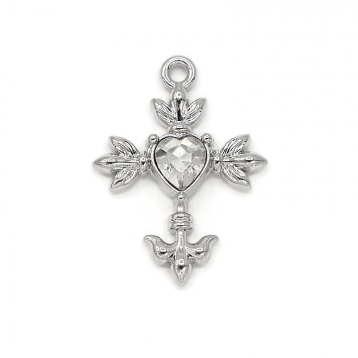 Brass pendant Cross Heart Gothic, rhodium plated
