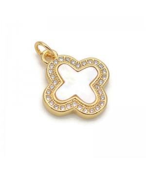 Brass micro pave Clover pendant 15mm with natural shell, 18K gold plated