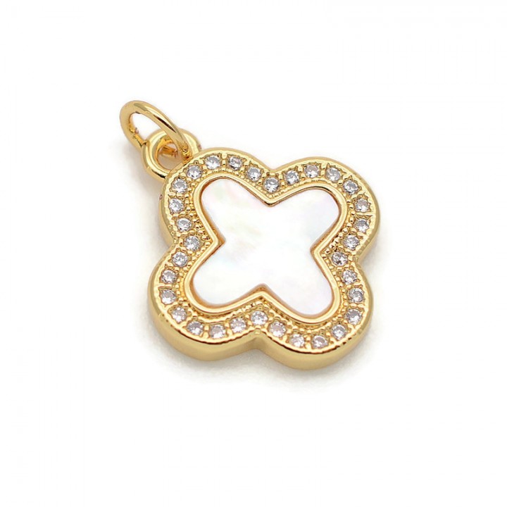 Brass micro pave Clover pendant 15mm with natural shell, 18K gold plated