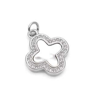 Brass micro pave Clover pendant 15mm with natural shell, rhodium plated