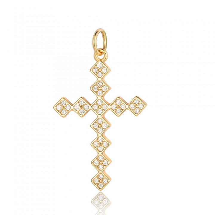 CZ Brass pendant Cross 30mm, 18K gold plated