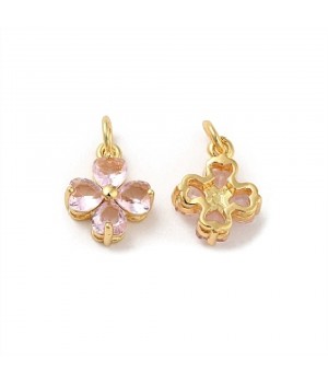Brass micro pave Clover charm pendant 10mm pink color, 18K gold plated