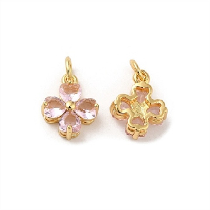 Trébol 10mm con circonitas color rosa, dorado 18K