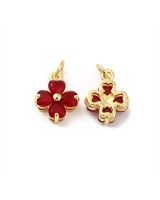 Brass micro pave Clover charm pendant 10mm red color, 18K gold plated