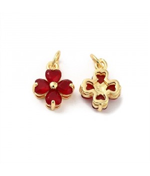 Brass micro pave Clover charm pendant 10mm red color, 18K gold plated