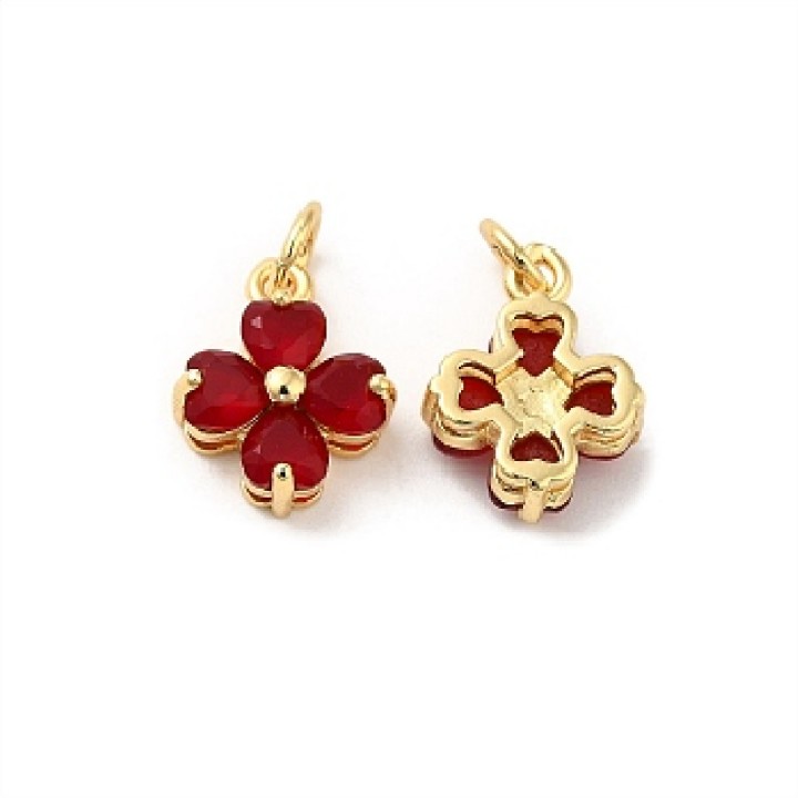 Trébol 10mm con circonitas color rojo, dorado 18K