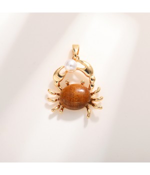 18K Gold Plated Crab Brass Pendant Natural Tiger eye, 1 piece