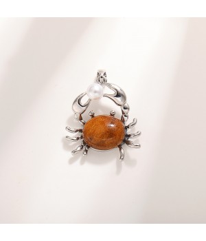 Platinum Plated Crab Brass Pendant Natural Tiger eye, 1 piece