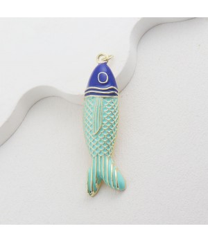53mm 18K Gold Plated Fish Pendant Enamel Turquoise Blue color, 1 piece