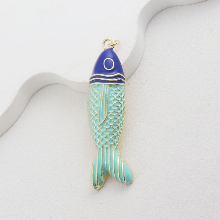 53mm 18K Gold Plated Fish Pendant Enamel Turquoise Blue color, 1 piece