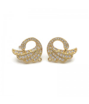 Brass Stud Earrings with Loop Swans, 14K gold plated