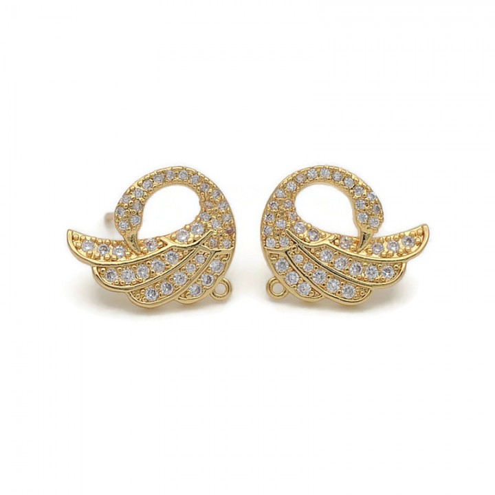 Brass Stud Earrings with Loop Swans, 14K gold plated