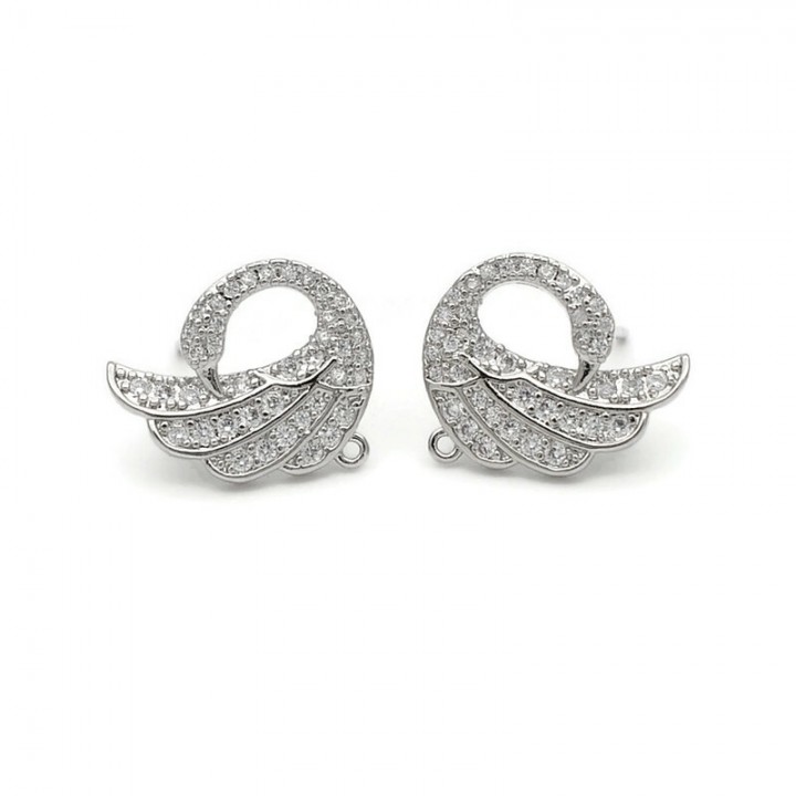 Brass Stud Earrings with Loop Swans, platinum plated