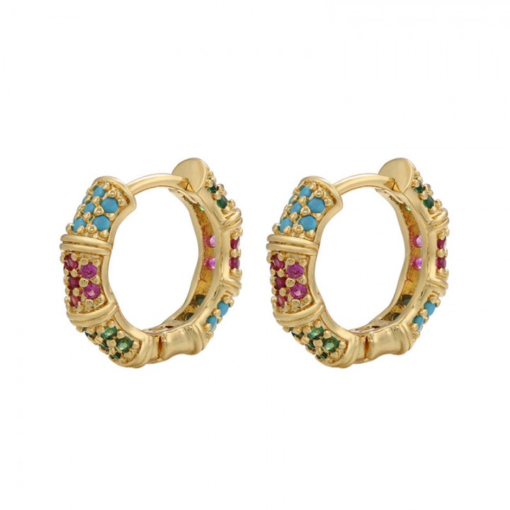 Pendientes de aro 14mm con circonitas de colores, dorado 14K