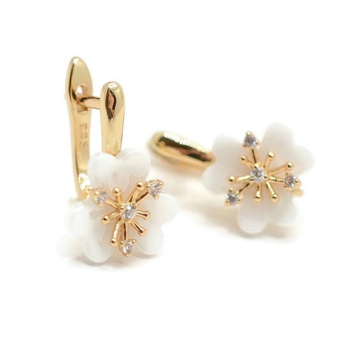 Brass Leverback Earrings with Ceramic Flowers and cubic zirconia, 18K gold plated