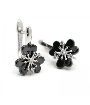 Brass Leverback Earrings with Ceramic Flowers and cubic zirconia, rhodium plated
