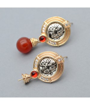 Brass Stud Earrings Antique Coin for half drilled beads, 14K gold plated