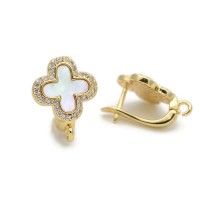Brass Leverback Earrings with Natural White Shell and cubic zirconia, 18K gold plated