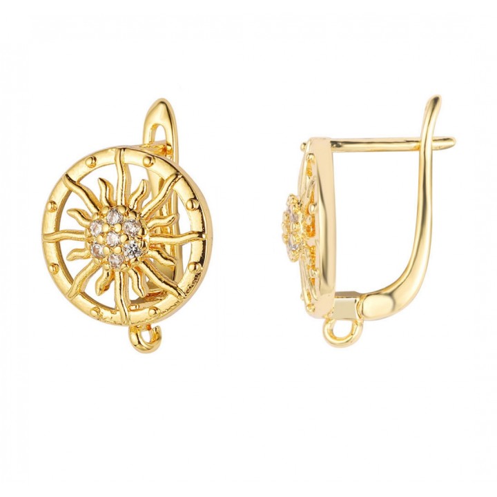 CZ Brass Lever Back Earrings Sun 13mm with open loop, 18K gold plated