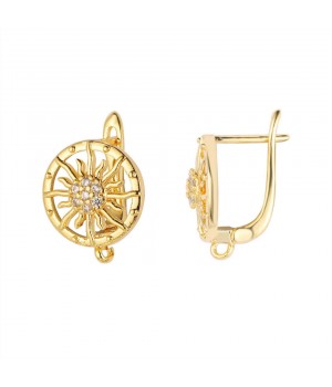 CZ Brass Lever Back Earrings Sun 13mm with open loop, 18K gold plated