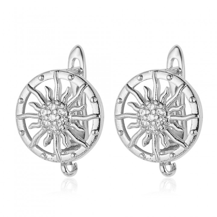 CZ Brass Lever Back Earrings Sun 13mm with open loop, platinum plated