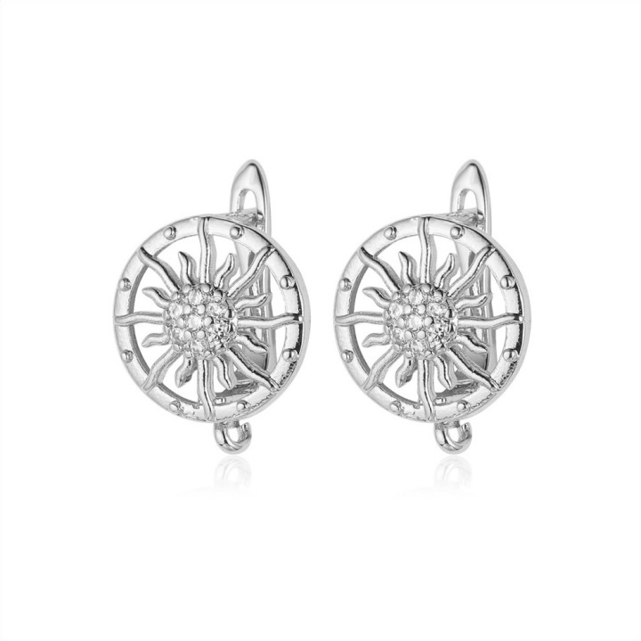 CZ Brass Lever Back Earrings Sun 13mm with open loop, platinum plated