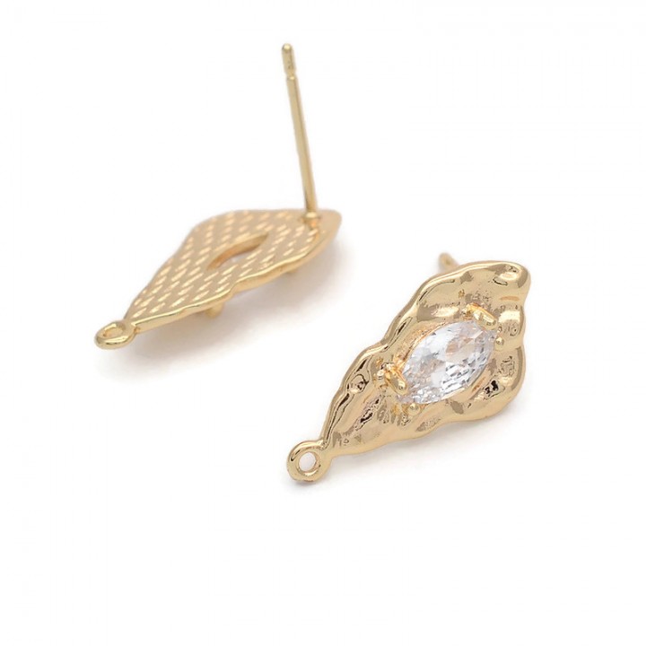 Pendientes metal arrugado con circonita cúbica, baño de oro de 18K