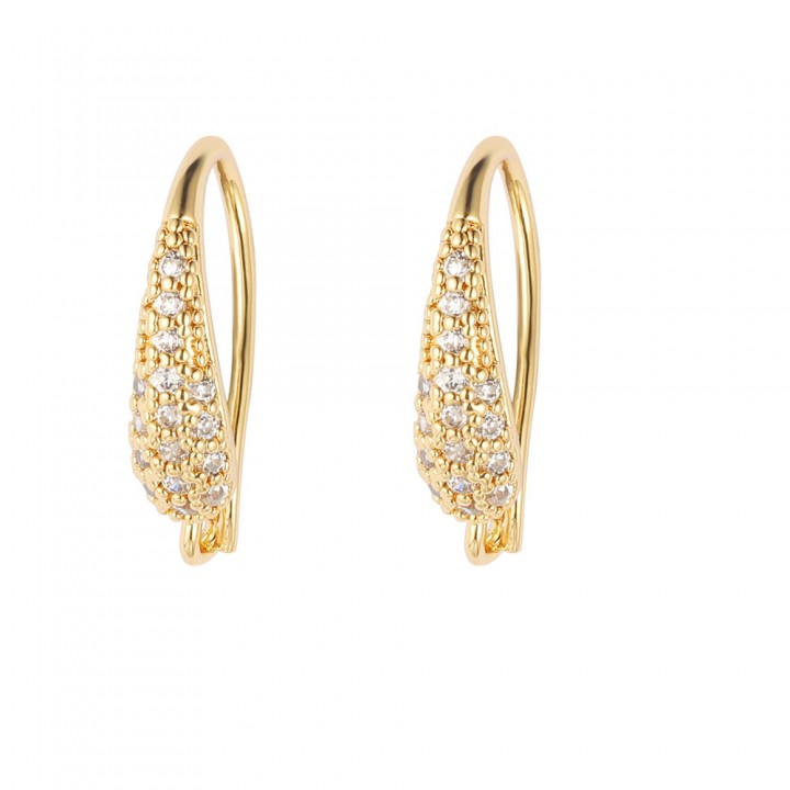 Brass Micro Pave CZ Earring Hooks 19mm with open Loop, 18K gold plated