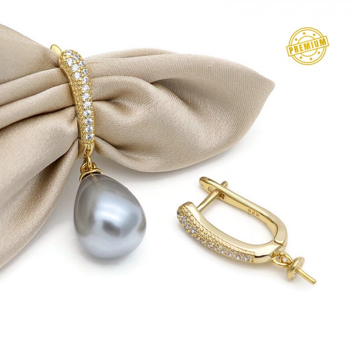 Brass Micro Pave CZ Lever Back Earring for Half Drilled Beads, 18K gold plated