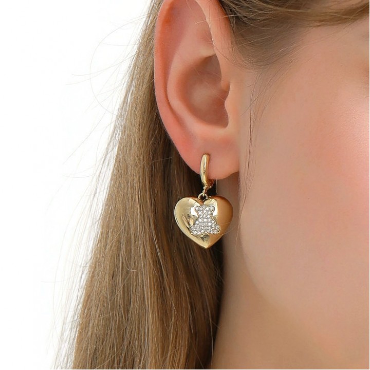 Brass micro pave Heart Teddy Bear Hoop earrings, 18K gold plated