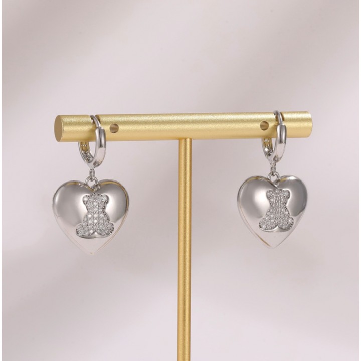 Brass micro pave Heart Teddy Bear Hoop earrings, rhodium plated