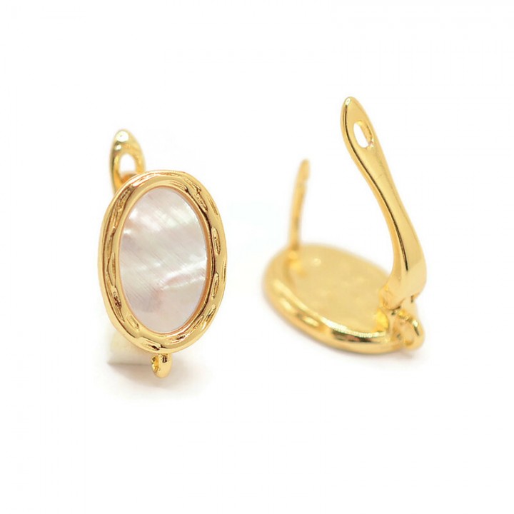 Brass Leverback Earrings with Natural White Shell and open loop, 18K gold plated