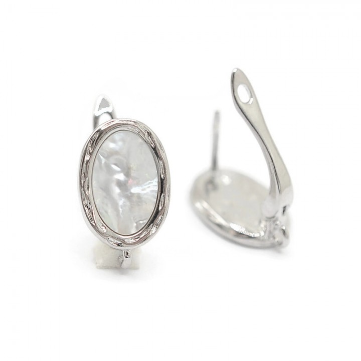 Brass Leverback Earrings with Natural White Shell and open loop, rhodium plated