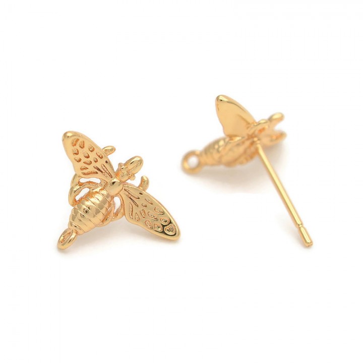 Brass Stud Earrings with Loop Bee 16mm, 18K gold plated