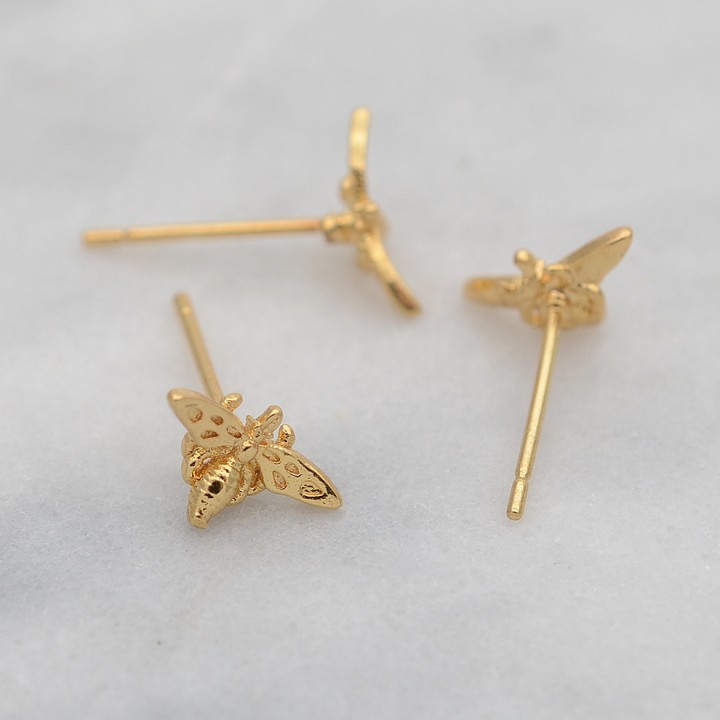 Brass Stud Earrings Bee 10mm, 18K gold plated