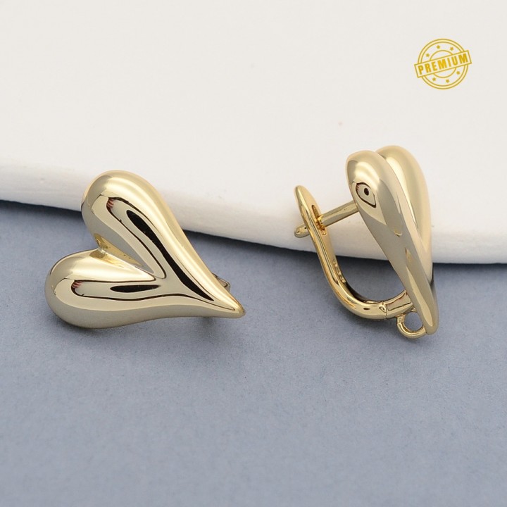 Brass Lever Back Earrings Heart with open loop, 18K gold plated