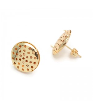 14K Gold Plated Brass Stud Flat Round Sieve Earring Settings 16mm, 1 pair