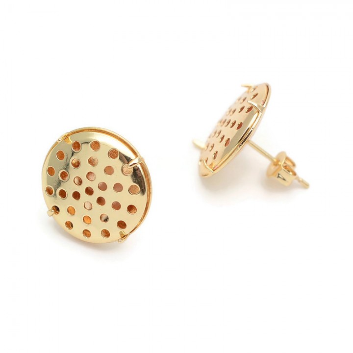 14K Gold Plated Brass Stud Flat Round Sieve Earring Settings 16mm, 1 pair