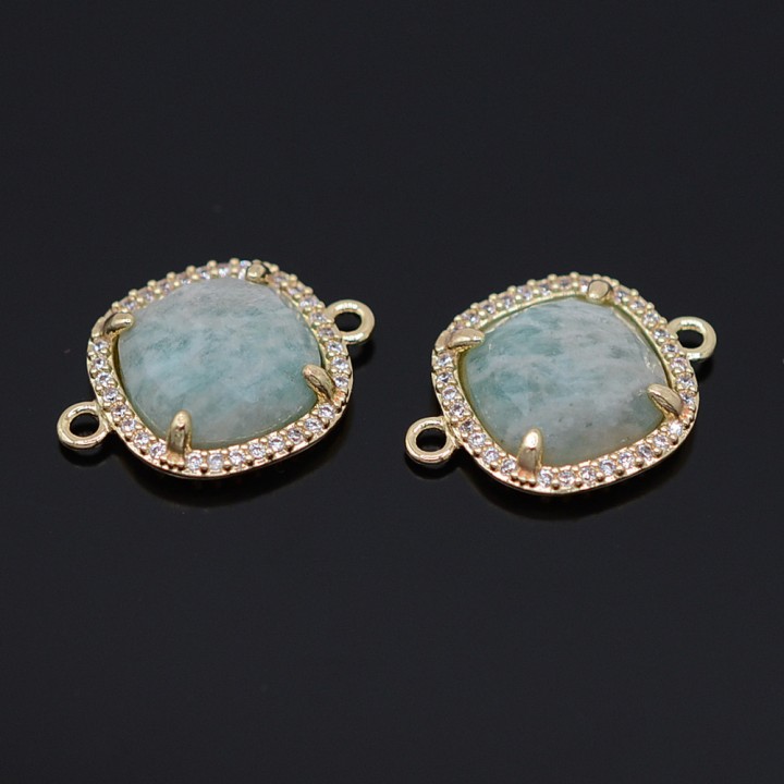 Gemstone links/connectors with Amazonite natural and cubic zirconia, 18K gold plated brass
