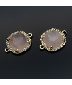 Gemstone links/connectors with Rose Quartz natural and cubic zirconia, 18K gold plated brass
