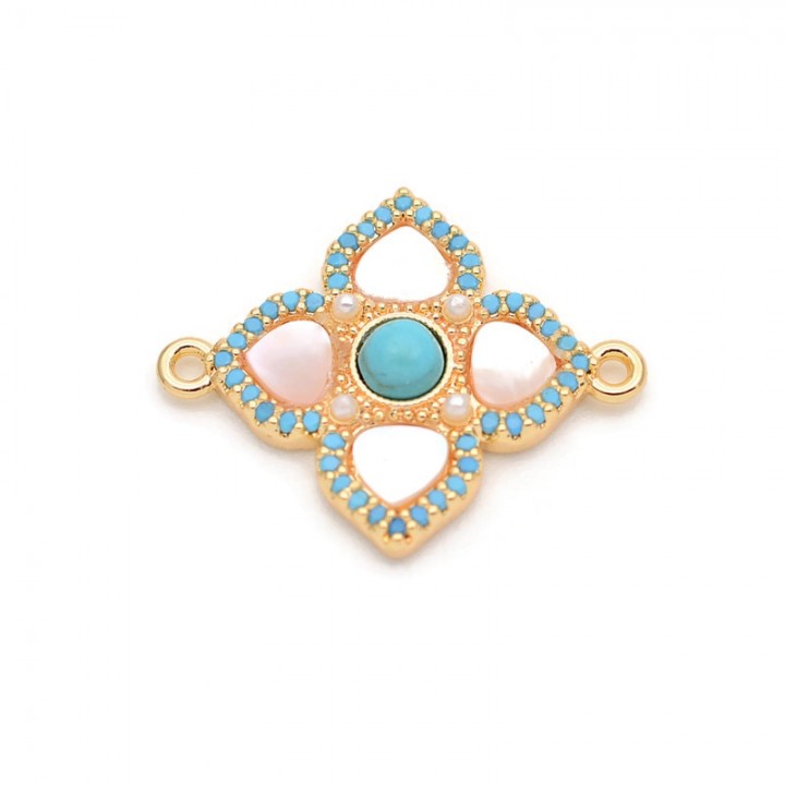 Коннектор Орнамент Клевер 18мм с бирюзой и перламутром, позолота 18К