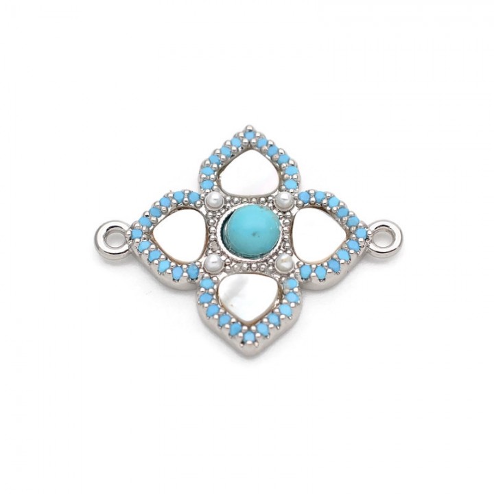 Коннектор Орнамент Клевер 18мм с бирюзой и перламутром, родиевое покрытие