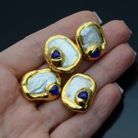 Baroque pearls with 18K galvanic coating and natural chalcedony, indigo color