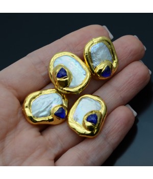 Perlas barrocas con recubrimiento galvánico de 18K y calcedonia natural, color índiga