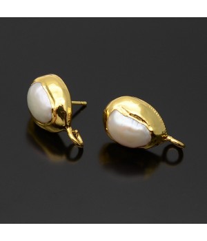 Brass Stud Earrings with Loop & Natural pearls, 18K gold plated